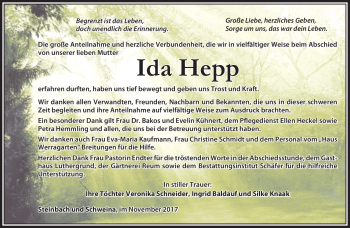 Traueranzeige von Ida Hepp von Südthüringer Presse