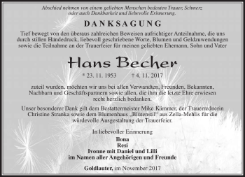 Traueranzeige von Hans Becher von Südthüringer Presse