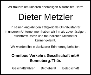 Traueranzeige von Dieter Metzler von Südthüringer Presse