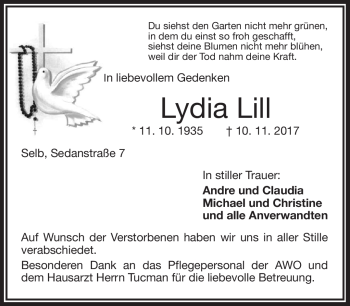Traueranzeige von Lydia Lill von Frankenpost