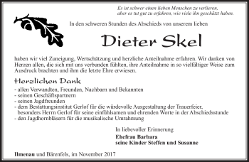 Traueranzeige von Dieter Skel von Südthüringer Presse