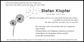 Traueranzeige von Stefan Klopfer von Frankenpost