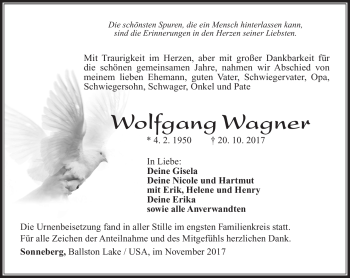 Traueranzeige von Wolfgang Wagner von Südthüringer Presse