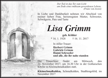 Traueranzeige von Lisa Grimm von Südthüringer Presse
