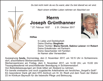 Traueranzeige von Joseph Grünthanner von Nordbayrischer Kurier