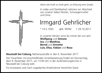 Traueranzeige von Irmgard Gehrlicher von Neue Presse Coburg