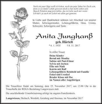 Traueranzeige von Anita Junghanß von Südthüringer Presse
