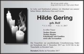 Traueranzeige von Hilde Gering von Südthüringer Presse