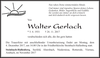 Traueranzeige von Walter Gerlach von Südthüringer Presse