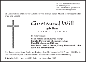 Traueranzeige von Gertraud Will von Südthüringer Presse