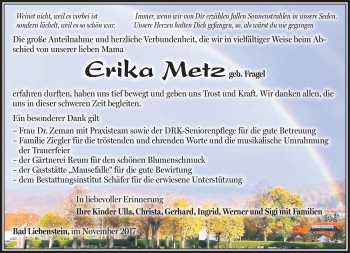 Traueranzeige von Erika Metz von Südthüringer Presse
