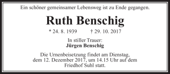 Traueranzeige von Ruth Benschig von Südthüringer Presse