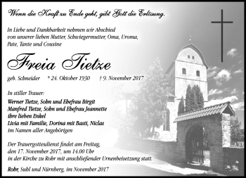 Traueranzeige von Freia Tietze von Südthüringer Presse