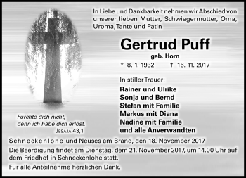Traueranzeige von Gertrud Puff von Neue Presse Coburg