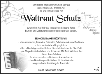 Traueranzeige von Waltraud Schulz von Südthüringer Presse