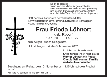 Traueranzeige von Frieda Löhnert von Frankenpost