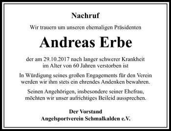 Traueranzeige von Andreas Erbe von Südthüringer Presse