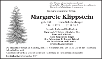 Traueranzeige von Margarete Klippstein von Südthüringer Presse