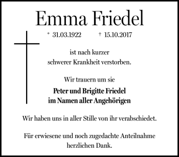 Traueranzeige von Emma Friedel von Neue Presse Coburg