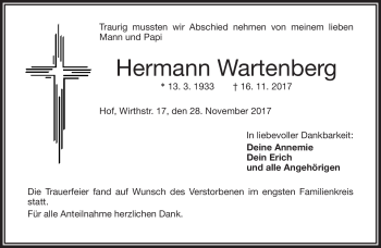 Traueranzeige von Hermann Wartenberg von Frankenpost