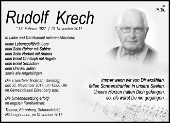 Traueranzeige von Rudolf Krech von Südthüringer Presse