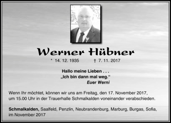 Traueranzeige von Werner Hübner von Südthüringer Presse
