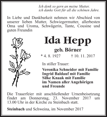 Traueranzeige von Ida Hepp von Südthüringer Presse