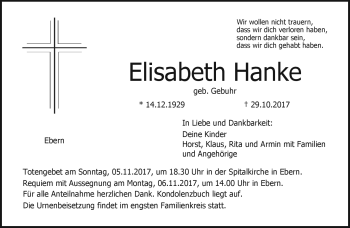 Traueranzeige von Elisabeth Hanke von Neue Presse Coburg