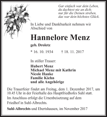 Traueranzeige von Hannelore Menz von Südthüringer Presse