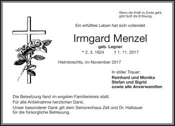 Traueranzeige von Irmgard Menzel von Frankenpost