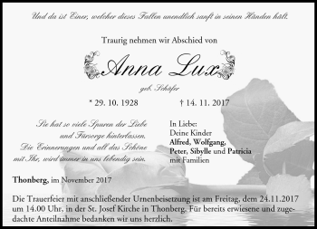 Traueranzeige von Anna Lux von Neue Presse Coburg