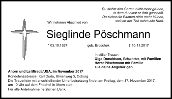 Traueranzeige von Sieglinde Pöschmann von Neue Presse Coburg