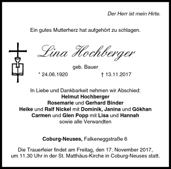 Traueranzeige von Lina Hochberger von Neue Presse Coburg