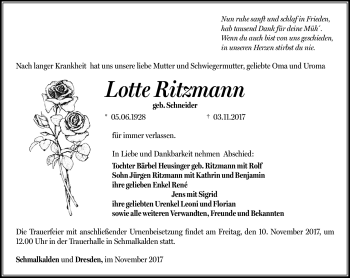 Traueranzeige von Lotte Ritzmann von Südthüringer Presse