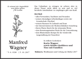 Traueranzeige von Manfred Wagner von Südthüringer Presse