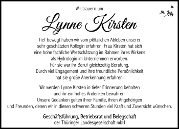 Traueranzeige von Lynne Kirsten von Südthüringer Presse