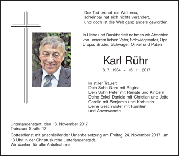 Traueranzeige von Karl Rühr von Neue Presse Coburg