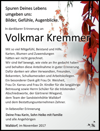 Traueranzeige von Volkmar Kremmer von Südthüringer Presse