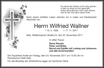 Traueranzeige von Wilfried Wallner von Frankenpost