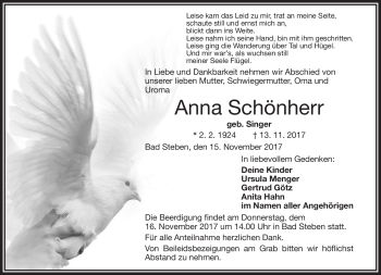 Traueranzeige von Anna Schönherr von Frankenpost