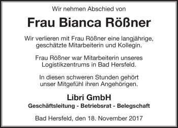 Traueranzeige von Bianca Rößner von Südthüringer Presse