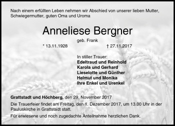 Traueranzeige von Anneliese Bergner von Neue Presse Coburg