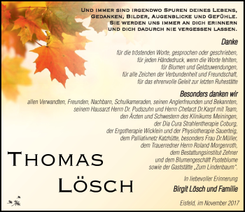Traueranzeige von Thomas Lösch von Südthüringer Presse