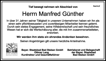 Traueranzeige von Manfred Günther von Frankenpost