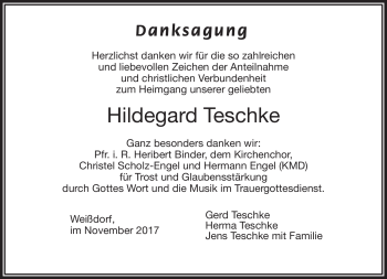 Traueranzeige von Hildegard Teschke von Frankenpost