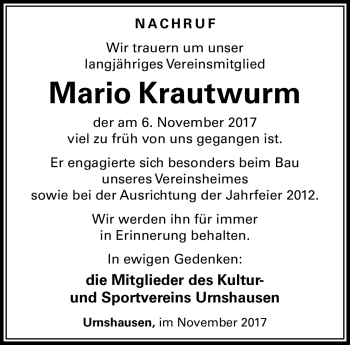 Traueranzeige von Mario Krautwurm von Südthüringer Presse