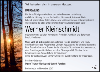 Traueranzeige von Werner Kleinschmidt von Südthüringer Presse