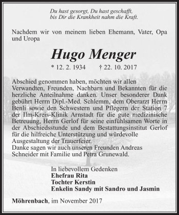 Traueranzeige von Hugo Menger von Südthüringer Presse