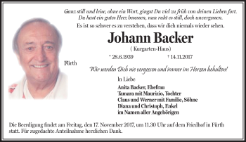 Traueranzeige von Johann Backer von Frankenpost