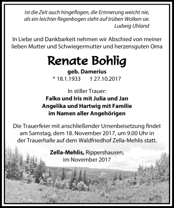 Traueranzeige von Renate Bohlig von Südthüringer Presse